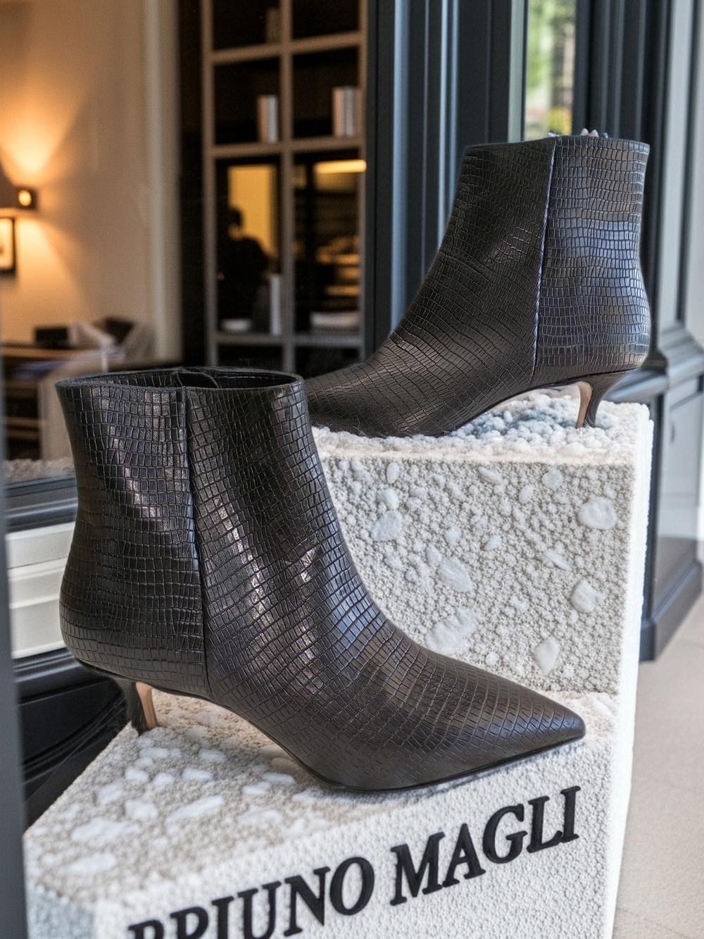 Bruno Magli Black Croc-Embossed Pointed Ankle Boots